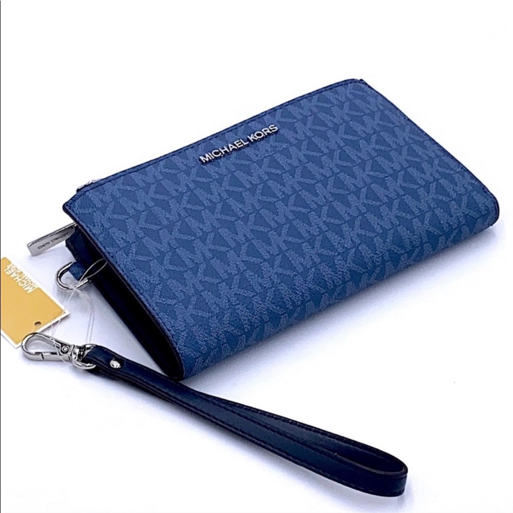 MICHAEL KORS LARGE CHAIN SHOULDER TOTE NAVY & LG DOUBLE ZIP WRISTLET DK … - Picture 12 of 16